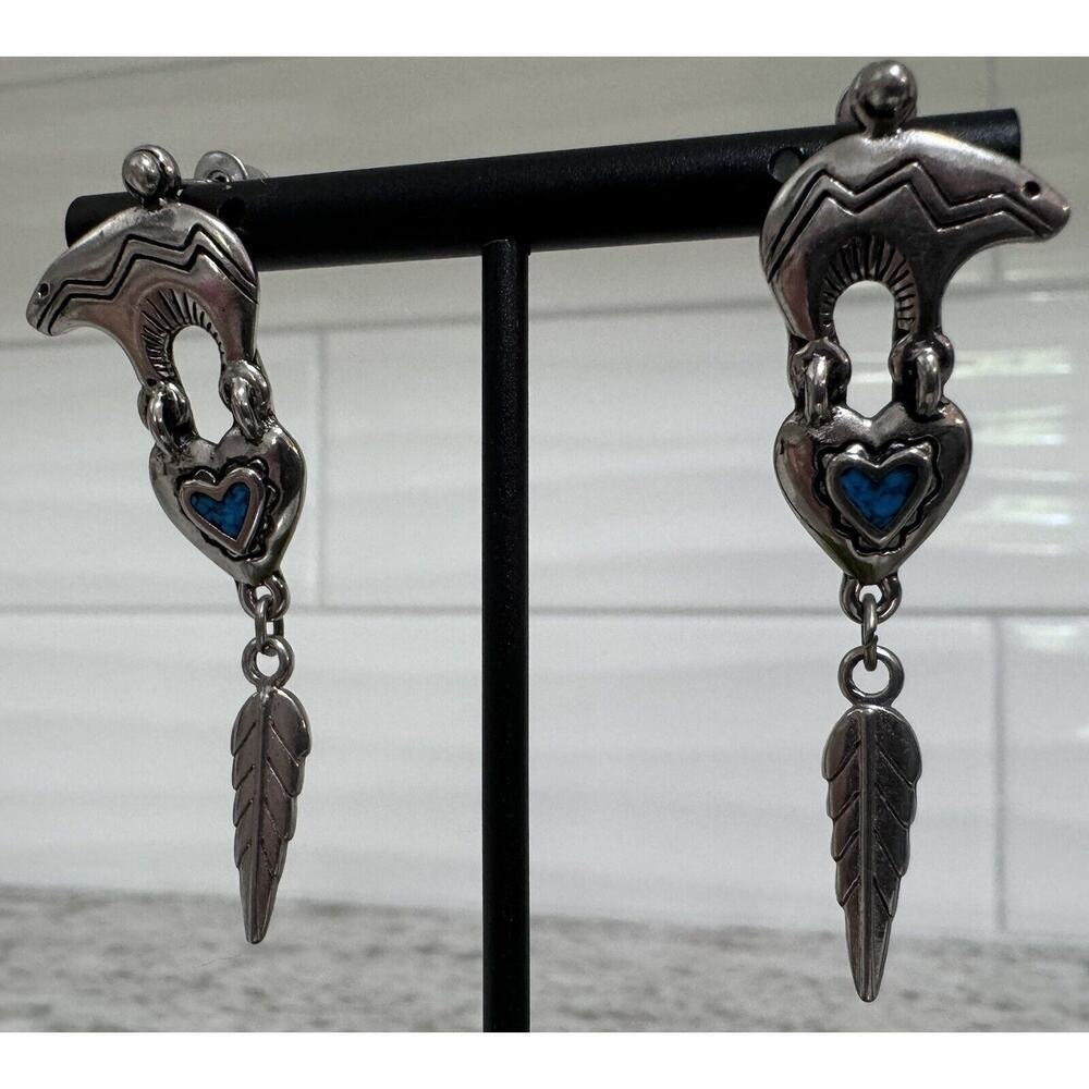 Vintage Native American Sterling Silver Bear Turquoise Heart Dangle Earrings - Picture 3 of 7